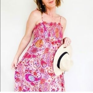 Liberty of London for Target Pink Paisley Smocked Maxi Dress XL Tie Beachy